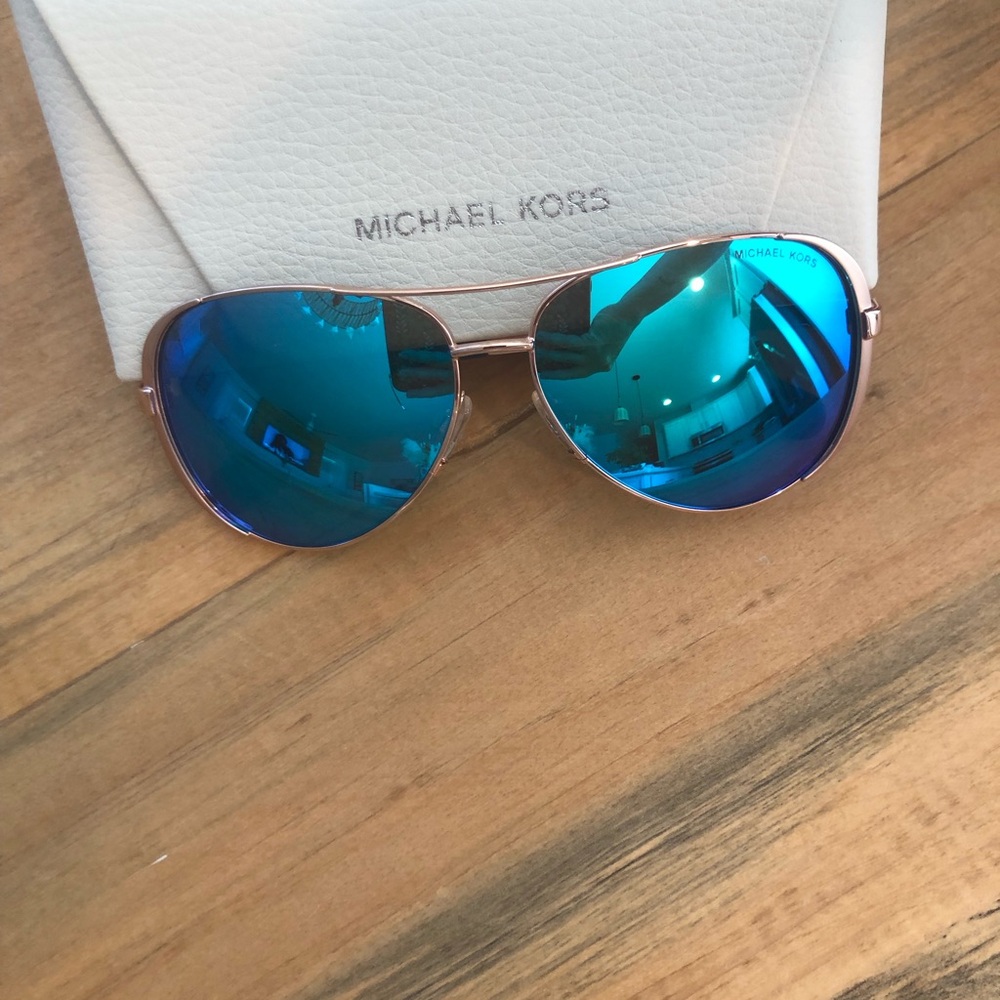 Michael Kors Rose Gold Frame Sunglasses with Blue Mirrored Lenses - Picture 6 of 6